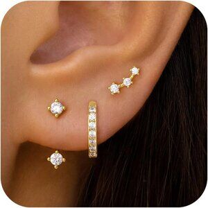 Gold Stud Earrings Set for Women, 3 Pairs Huggie Hoop Jacket Studs Earring Stack